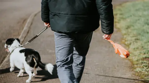 A man walking his black and white dog, while carrying a bag of dog dirt. The view is from behind, so you cannot see the face of the man in question.