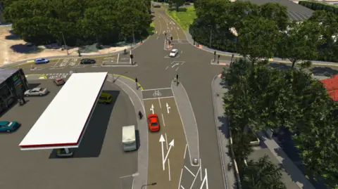 A computer generated imagery of a major highway junction. 