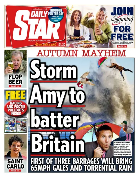 The headline on the front page of the Daily Star reads: "Storm Amy to batter Britain". 