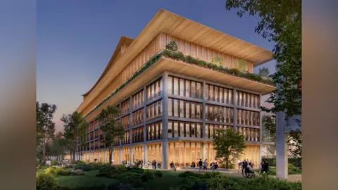 AstraZeneca UK Limited An artist impression of a large building which is in the middle of the image and has a grass area on the left with trees and bushes. The building is six-storeys, with the bottom floor levels having large glass windows and the top two mainly made from wood. 