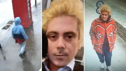 Devon and Cornwall Police CCTV images show Alexander Key wearing a distinctive red shirt, but he is also wearing a blue anorak/waterproof and black trainers.
There are three shots in this composite image with a back view of Alexander wearing the blue anorak with the hood up. In the middle there is a close-up of his face, which sees him with platinum blond hair. The third image shows his face and bright blond hair and an orangey red overshirt with white flowers and white zig-zagging lines on it.