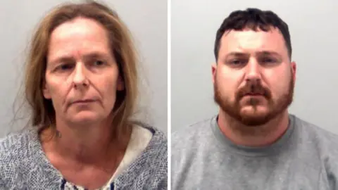 Essex Police Custody pictures of Jane and Tye Cook. Jane has long brown hair and is wearing a knitted grey jumper. Tye has black hair, a brown beard and is wearing a grey sweater.