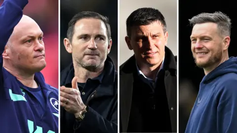 Side-by-side close-up photos of the nominated managers from left to right: Alex Neil, Frank Lampard, Sergej Jakirovic and Kim Hellberg.