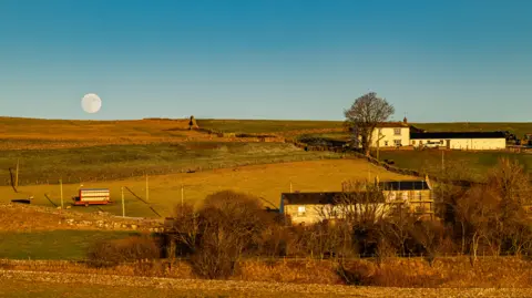 BBC Weather Watchers/DarloMur The full moon rising in the blue sky above a small hilltop drenched in sunlight. Several sheep are feeding in the grassland. Two farm buildings are scattered around.