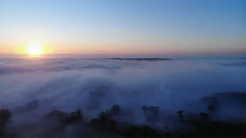 Thick clouds of mist coat a countryside with the rising sun visible in the distance at the horizon. The odd clump of trees show through, black against the white mist.