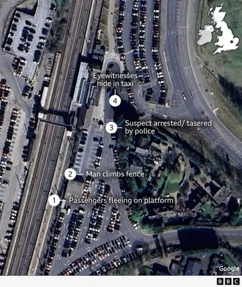 Graphic showing aerial image of Huntingdon station with annotations - 1. Passengers fleeing on platform, 2. Man climbing fence, 3. Suspect arrested/tasered by police, 4. Eyewitnesses hide in taxi