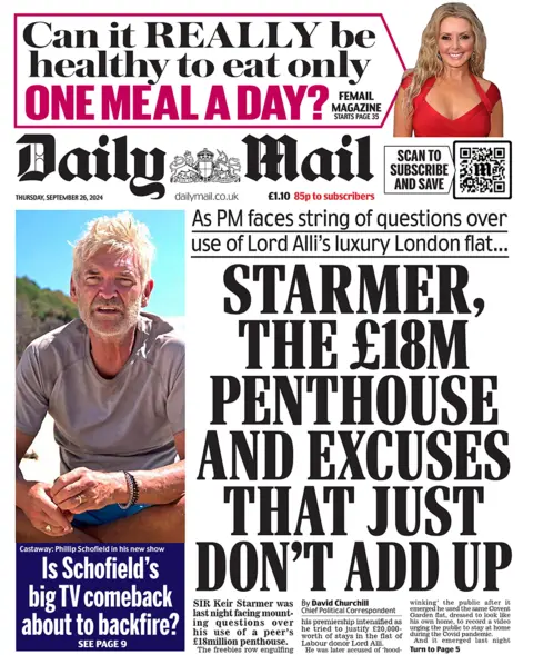 A primeira página do Daily Mail. A manchete diz: “Starmer, a cobertura de £ 18 milhões e desculpas que simplesmente não batem”.