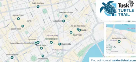 Tusk Turtle Trail Map of central London, showing the trail