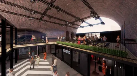 BDP/Boxpark Ltd A CGI of a food and retail space under railway arches, with people walking around and sitting in a open two-level space with iron railings on the second floor.