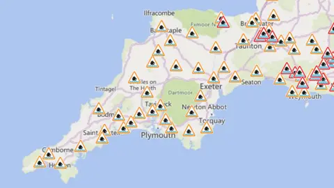 Environment Agency A map of flood alerts across the Devon and Cornwall patch. 