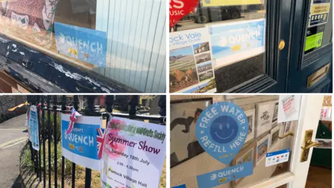 Images in various shop windows and railings of a blue logo saying 'quench'