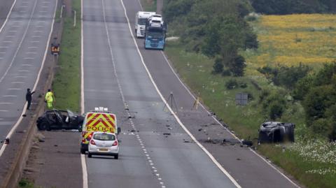 The wreckage of two cars following a 'serious collision' on the A1