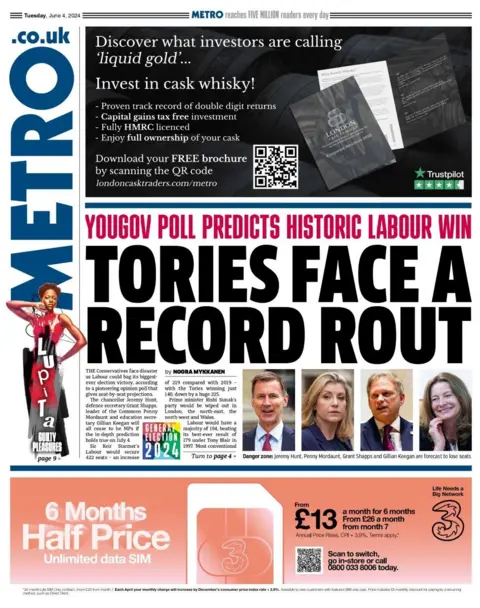 Tories face a record rout, reads the front of the Metro