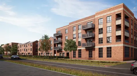 An artist's impression of a block of flats near a road. The buildings are a mixture of four and three storeys and are made up of red brick, with dark windows. Some of the flats have small balconies.