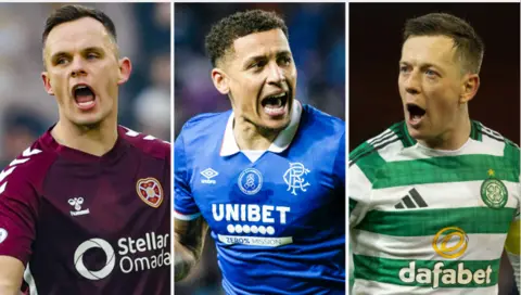 Hearts captain Lawrence Shankland, Rangers captain James Tavernier, and Celtic captain Callum McGregor