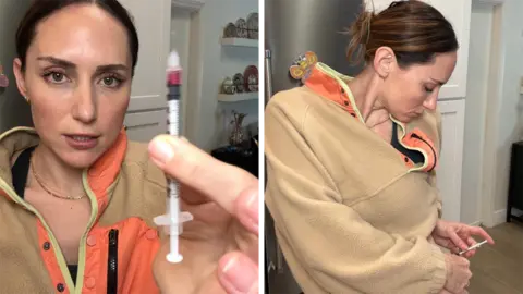 @katiepeptalks Katie, a woman with brown hair in a ponytail is holding up a syringe and injecting the peptide GHK-Cu into her bum cheek 