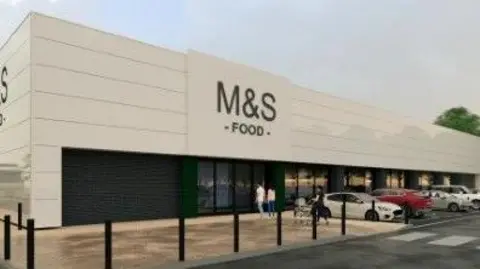 LDRS CGI of M&S modern one storey store with white frontage, black bollards and parked cars.