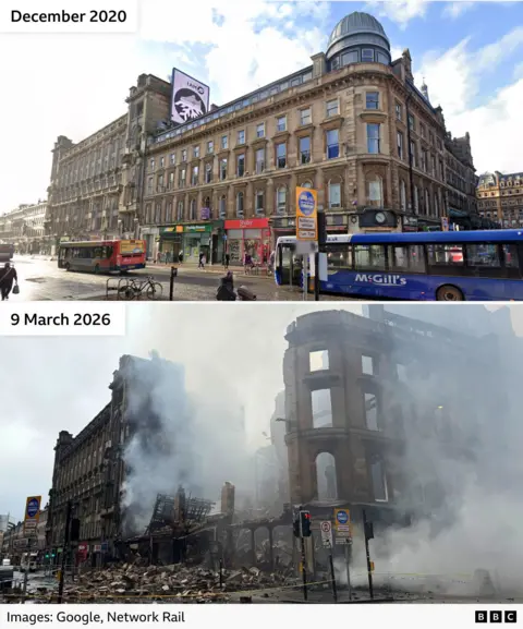 Before and after images of the building at the corner of Union Street. The top image shows the tenement on a sunny day. The bottom picture shows most of the building destroyed, with smoke and rubble.