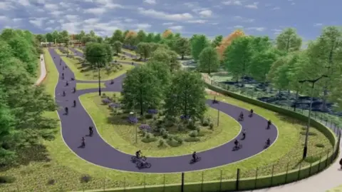 Bristol City Council A computer-generated picture of the new hub showing a long, oval grey track with cyclists on it, surrounded by lots of trees