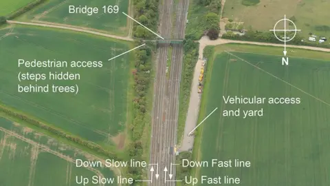 Rail Accident Investigation Branch An aerial shot of the site of the incident, showing four tracks with annotations showing each line and the direction of travel.