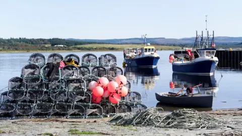 Creels stacked at a harbour. The basket-like cages are wrapped in netting and some of them have pink, plastic buoys attached to them. Behind the creels are small creel boats on the flat, calm surface of a loch.