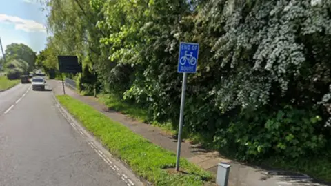 A marked cycle path beside a single carriageway road. The path is bordered by large bushes and trees.
