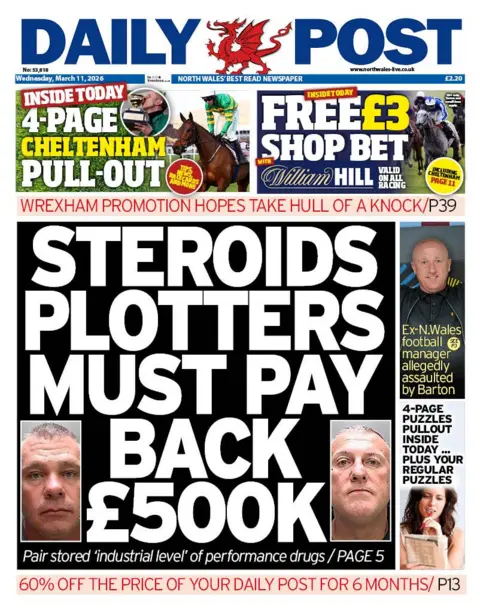 Daily Post Daily Post front page headline: Steroids plotters must pay back £500k; Pair stored 'industrial level' of performance drugs. There is an image of two men's police mugshots on either side.