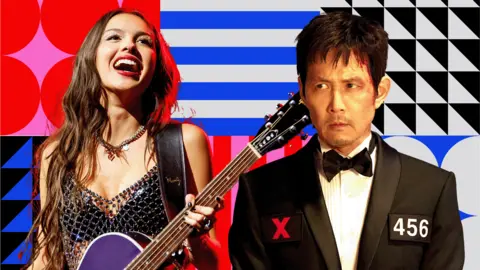 A designed photoshopped image. A man and a woman against a bold, retro-inspired backdrop of geometric patterns: black circles on white, yellow and purple triangles, and striped sections in green and black-and-white. The left person is singer Olivia Rodrigo holding a purple guitar, smiling. On the right is a solemn looking man wearing a black bow tie and tuxedo. He has the number "456" printed on his left breast. A red X is on his right. He has an injury causing a small amount of blood on his left temple.