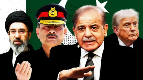 A composite image shows Iran's Supreme Leader, Mojtaba Khamenei, Pakistan's military chief, Field Marshal Asim Munir, and Prime Minister, Shehbaz Sharif, and US President Donald Trump superimposed over the national flag of Pakistan.