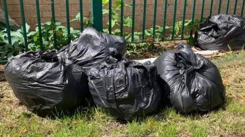 Five black full bin bags left by a green iron gate on some grass