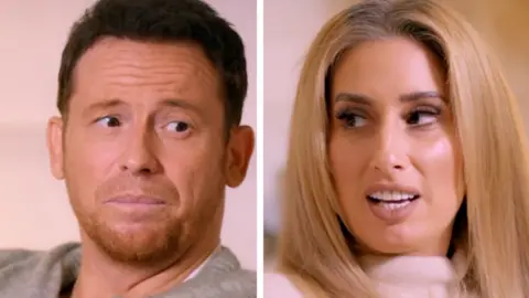 Composite image of Joe Swash looking sheepish and Stacey Solomon looking stern