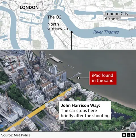 Met Police Graphic showing where the iPad was found on the river thames near to John Harrison Way.