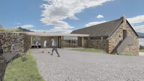 WT Achitecture A visualisation of a restored and extended stone barn, with travellers entering the building. 