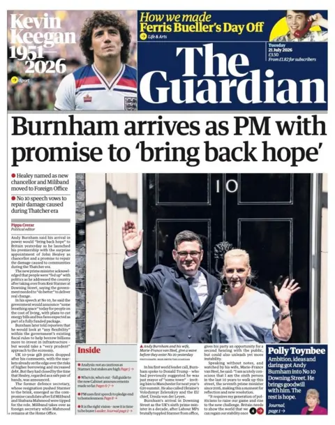 The headline on the front page of the Guardian reads: “Burnham arrives as PM with promise to 'bring back hope'”.