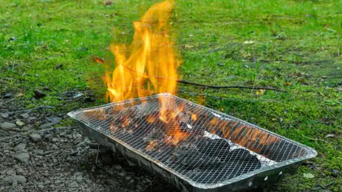 Getty Images An aluminium disposable barbecue is alight on a patch of grass. 