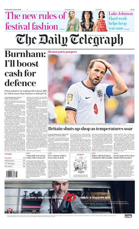 "Burnham: I'll boost cash for defence," reads the headline on the front page of the Daily Telegraph. 