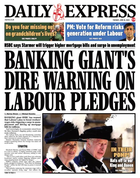 Daily Express The front page of the Daily Express, which reads "Banking giants dire warning on Labour pledges"