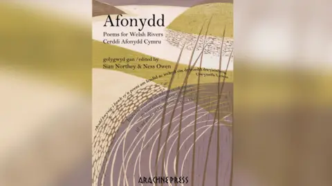 Arachne Press Photo of front cover of the poetry collection with the title Afonydd, Poems for Welsh Rivers and illustration in soft green, grey and off white of a meandering river and hills rising above it