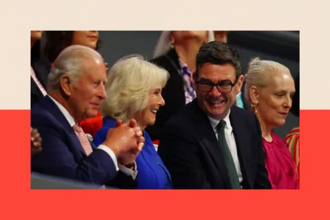 Reuters Britain's King Charles, Queen Camilla, Prime Minister Andy Burnham and his wife Marie-France van Heel 