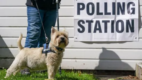 Getty Images A person is standing behind a dog on a lead. The dog is small and is a beige and white colour, on a building behind it there is a large white sign that reads "polling station" in black letters.