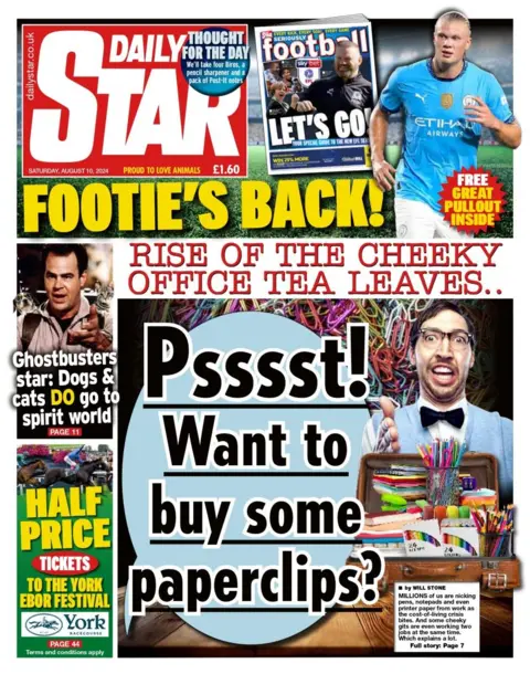 The headline in the Daily Star reads: Pssst! Want to buy paper clips?