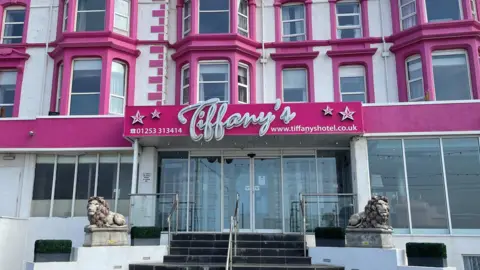 A frontal shot of the pink-fronted Tiffany's Hotel, Blackpool