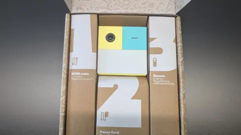 A beige box with three smaller boxes labelled 1 2 and 3 on them and the words HDMI cable, power cord and remote. In the middle is a small green white and turquoise cube with a camera lense.