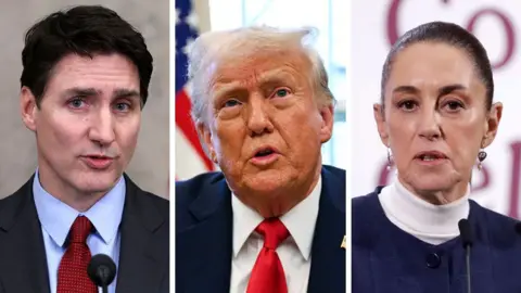 A composite image of Canada's prime minister Justin Trudeau, US president Donald Trump and president of Mexico Claudia Sheinbaum Pardo