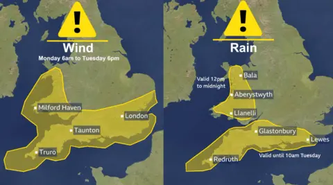 Two maps showing how far-reaching the yellow wind and rain warnings are, with the yellow wind warning covering southwest Wales, south and southwest England; and the yellow rain warning covering most of Wales.