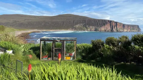 From Davey Hutcheson's garden, you can see a panoramic view of Rackwick bay, and the cliffside towering above it.