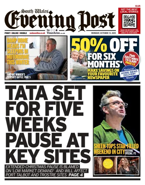 South Wales Evening Post The main headline: 'tata set for five weeks pause at key sites' and an image to the right of it with a headline that says 'sheen tops star-filled weekend in city'