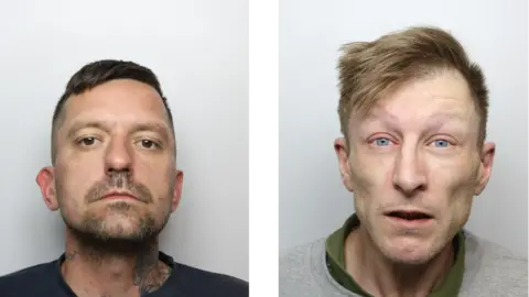 West Yorkshire Police Police mugshots of Jamie Beardshaw, who has short dark hair and brown eyes, and John Smith, who has short blonde hair and blue eyes.