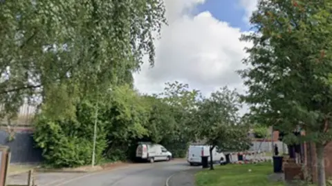 A road which bends around to the right, with a house on the right hand side and two white vans parked either side of the road. There are green bushes and trees on the left