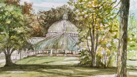 Allan Richardson A watercolour painting of the glass structure of Kibble Palace in Glasgow's Botanic Gardens. The glass domes are surrounded by trees.